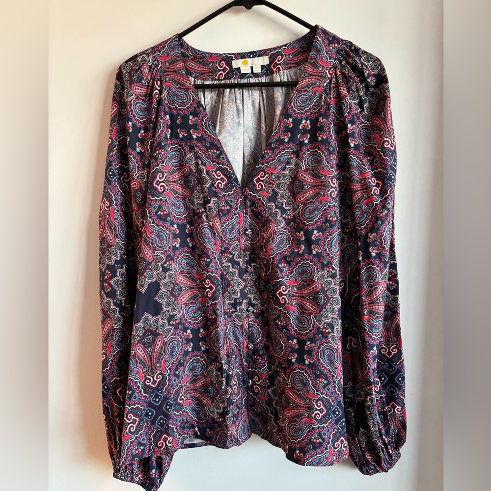 Boden Navy Paisley V-Neck Blouse with Pink & Teal Accents